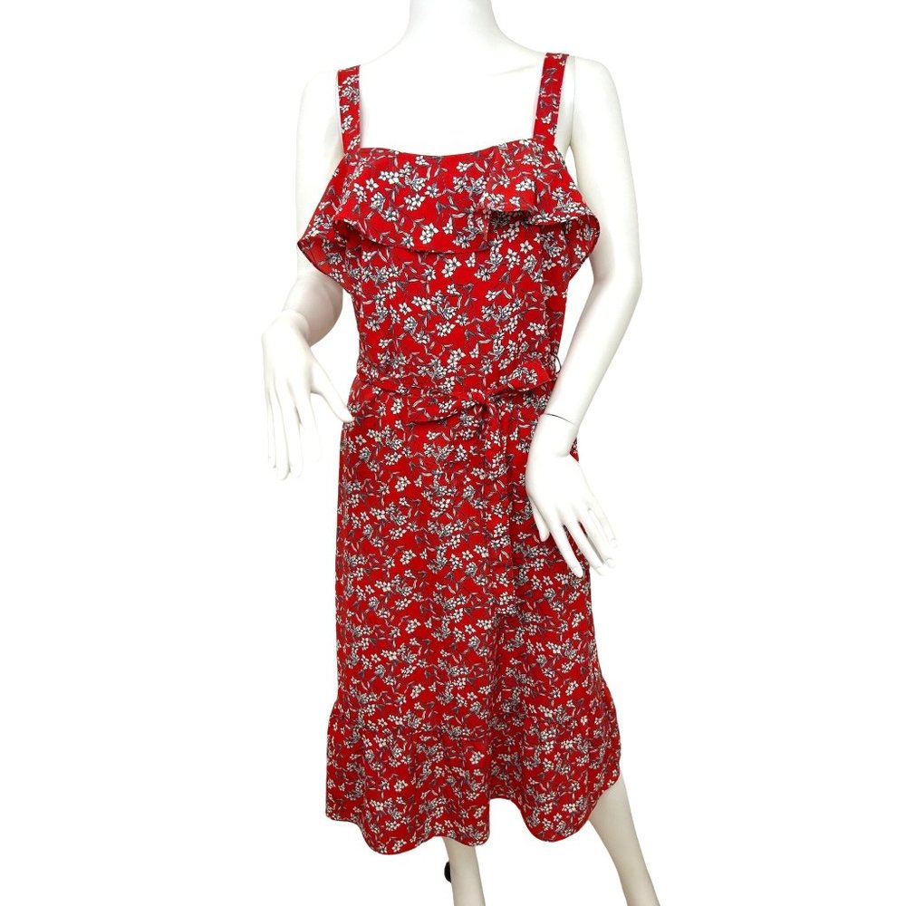 Banana Republic Midi Dress 6 Red Floral Spaghetti Straps Ruffled Neckline & Hem